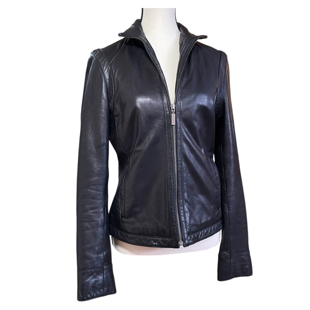 Calvin Klein Black Leather Jacket Sz. M Sleek & Soft 2Front Pockets‎ Zipper